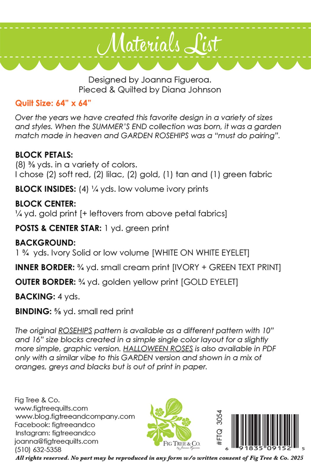 Back of the Garden Rosehips Quilt Pattern by Fig Tree Quilts