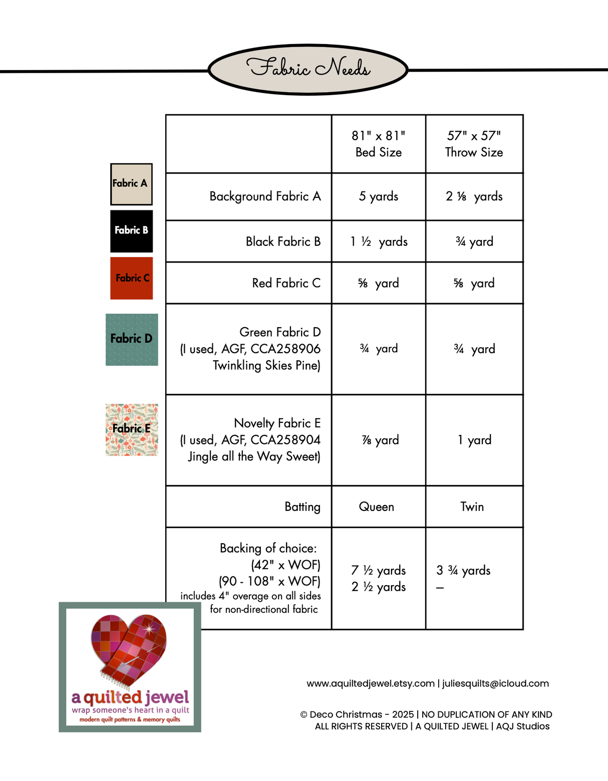 Back of the Deco Christmas Downloadable Pattern by A Quilted Jewel