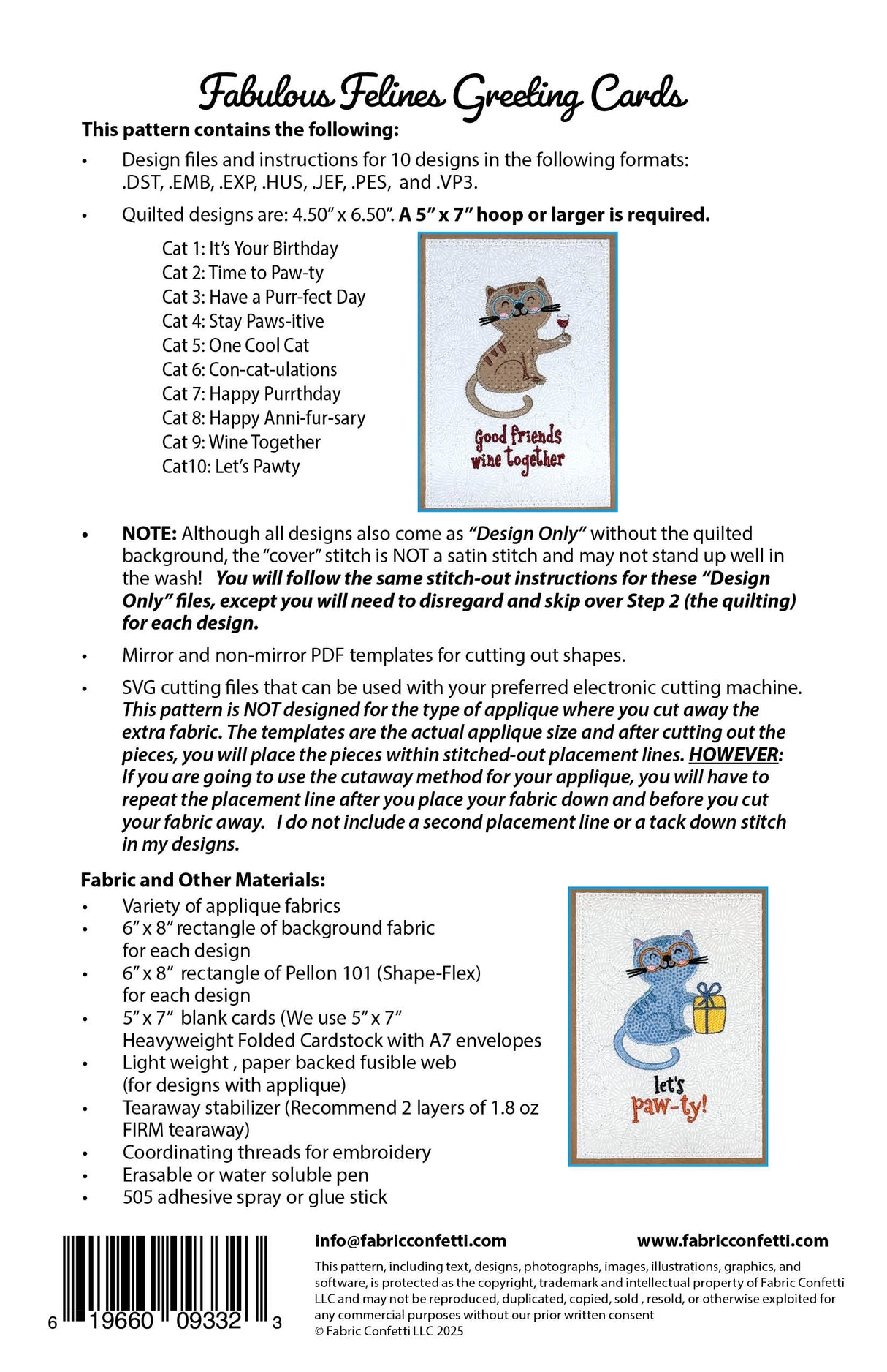 Back of the Fabulous Felines Greeting Cards Downloadable Pattern by Fabric Confetti