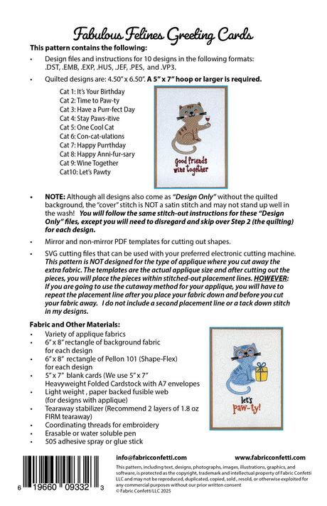 Back of the Fabulous Felines Greeting Cards Downloadable Pattern by Fabric Confetti