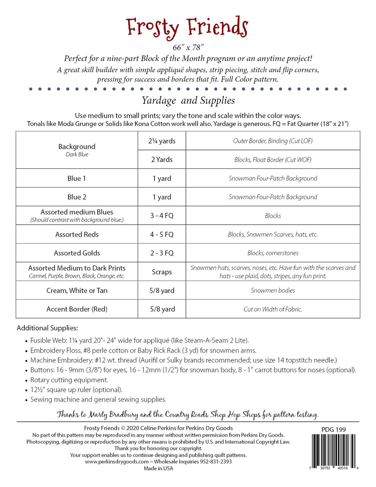 Back of the Frosty Friends Quilt Pattern by Perkins Dry Goods