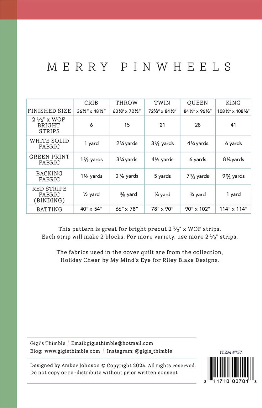 Back of the Merry Pinwheels Quilt Pattern by Gigis Thimble