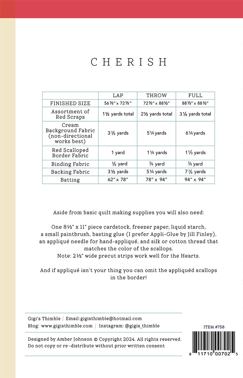Back of the Cherish Quilt Pattern by Gigis Thimble