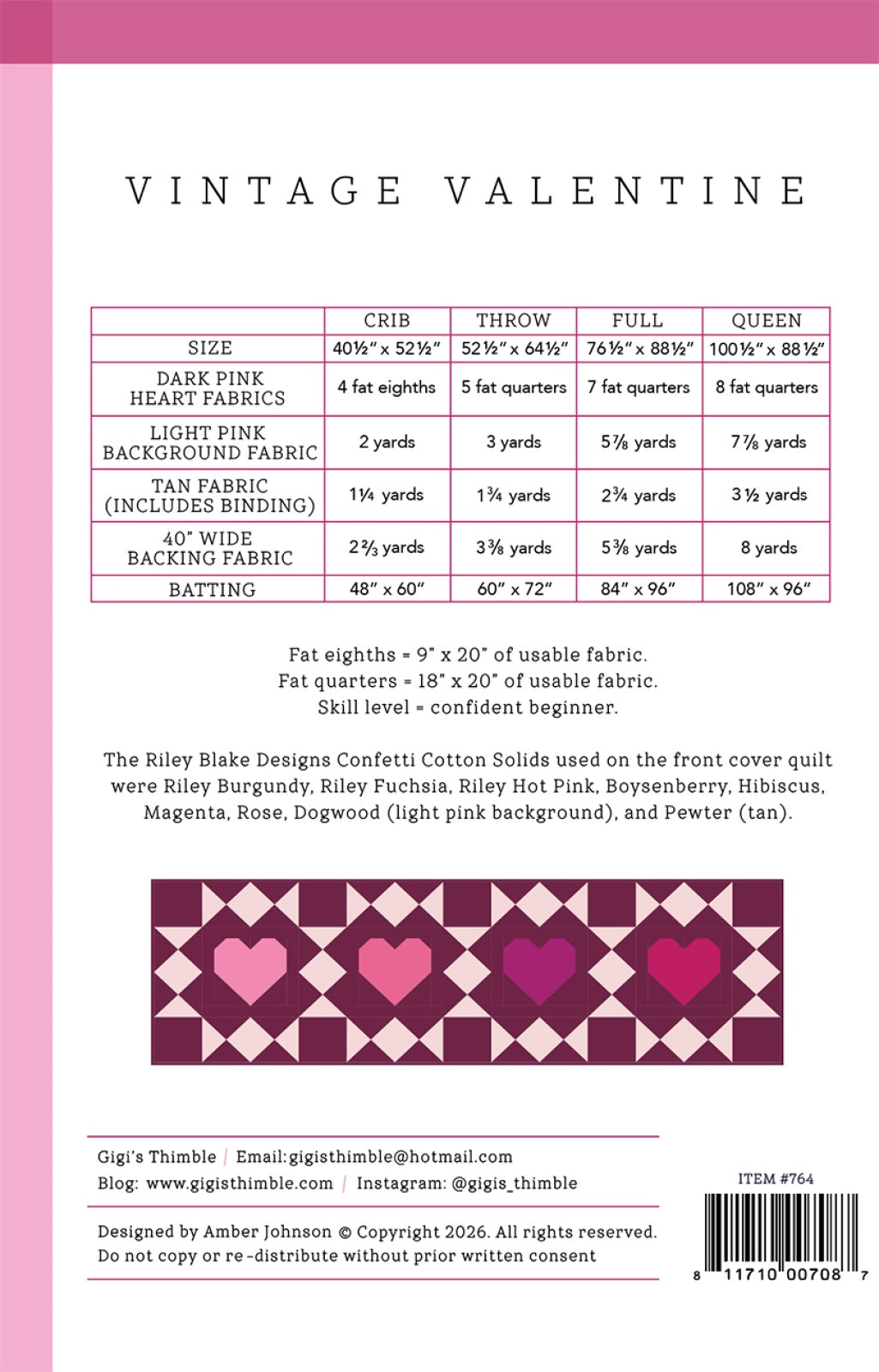 Back of the Vintage Valentine Quilt Pattern by Gigi's Thimble