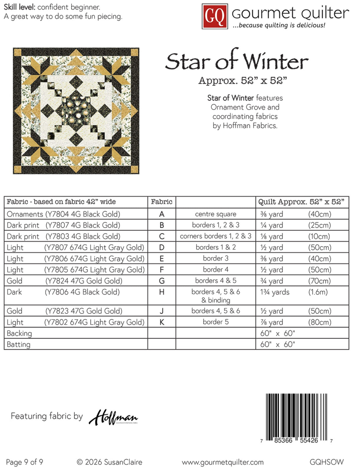 Back of the Star of Winter Quilt Pattern by Gourmet Quilter