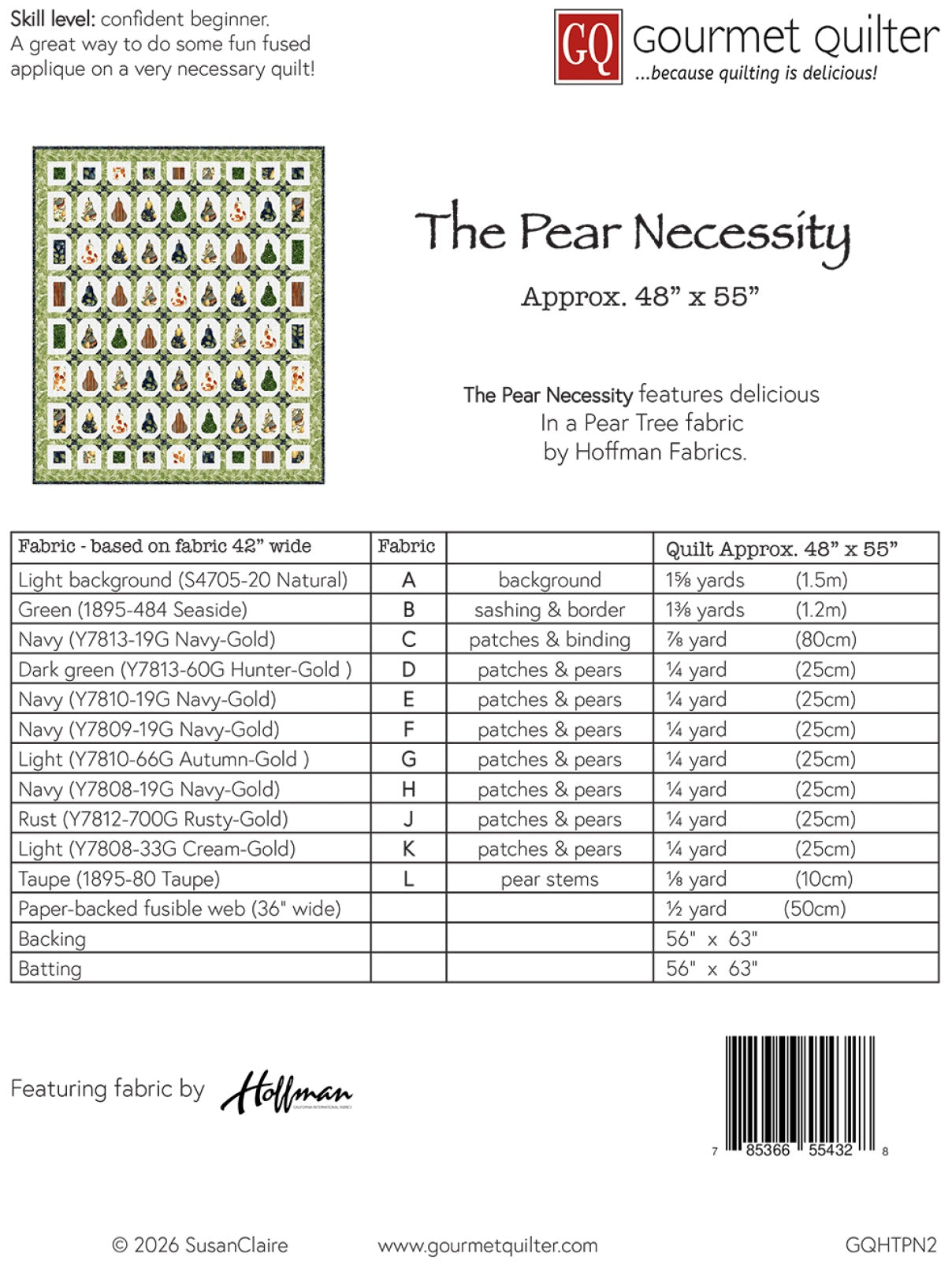 Back of the The Pear Necessity Quilt Pattern by Gourmet Quilter