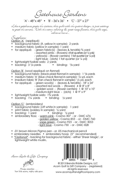 Back of the Gatehouse Gardens Quilt Pattern by Brenda Riddle Designs