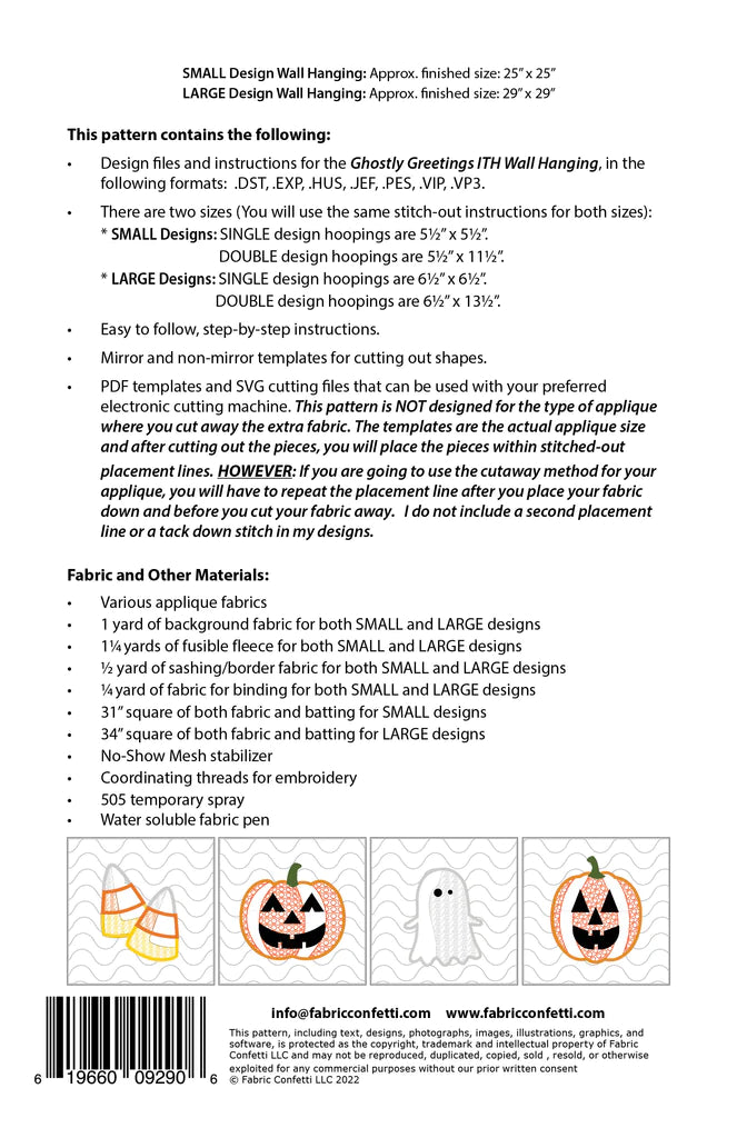 Back of the Ghostly Greetings ITH Wall Hanging by Fabric Confetti