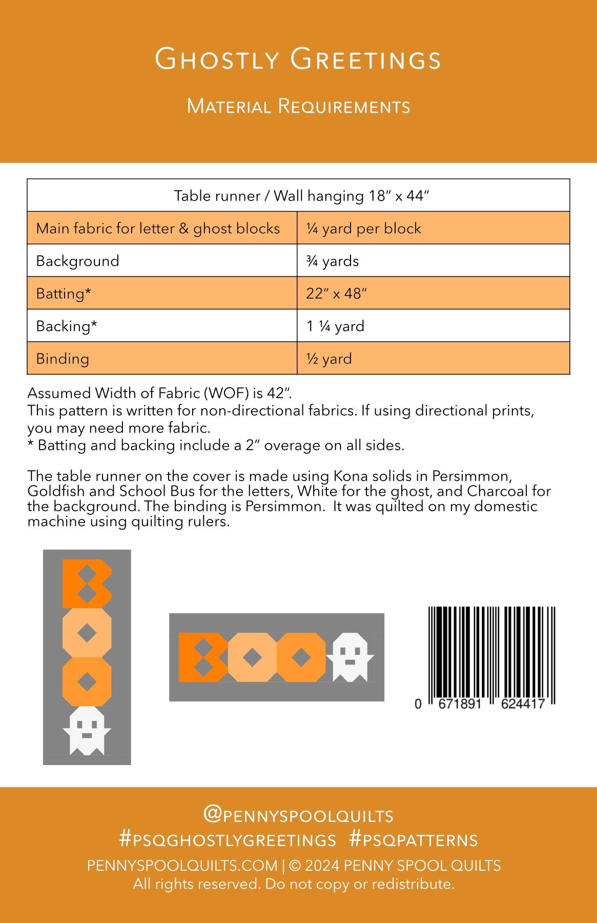 Back of the Ghostly Greetings Downloadable Pattern by Penny Spool Quilts Pattern