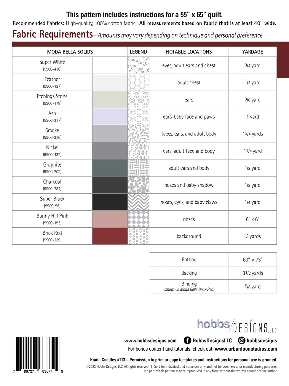 Back of the Koala Cuddles Quilt Pattern by Hobbs Designs