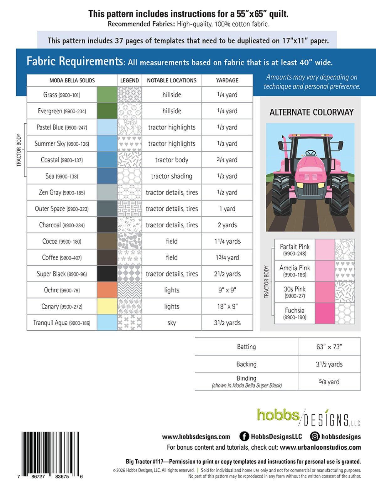 Back of the Big Tractor Quilt Pattern by Hobbs Designs