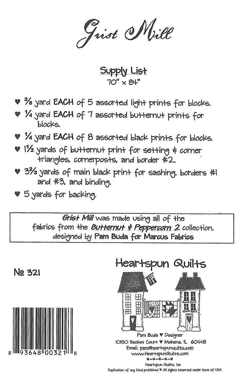 Back of the Grist Mill Quilt Pattern by Heartspun Quilts