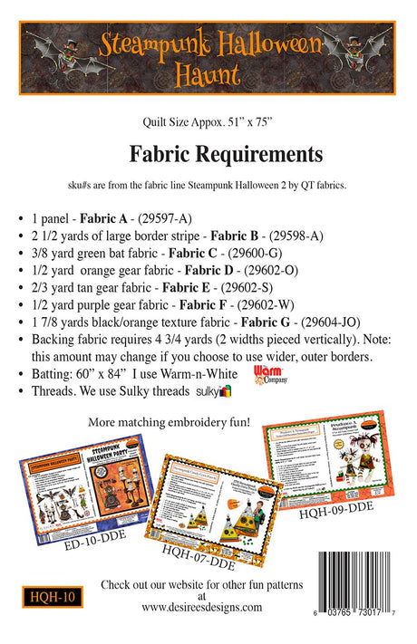 Back of the Steampunk Halloween Haunt Quilt Pattern by Desirees Designs