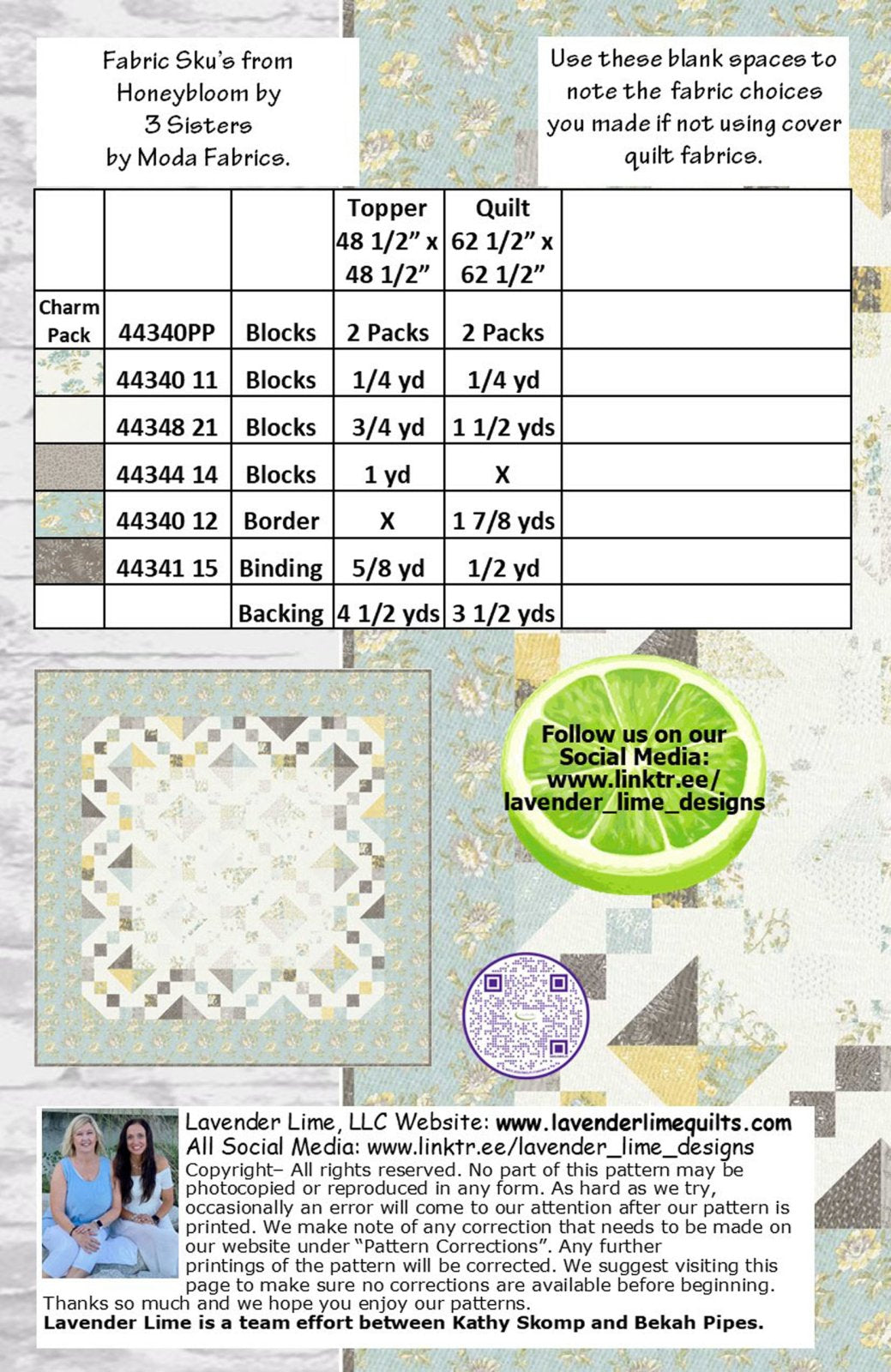 Back of the Turn on the Charm Downloadable Pattern by Lavender Lime Quilting