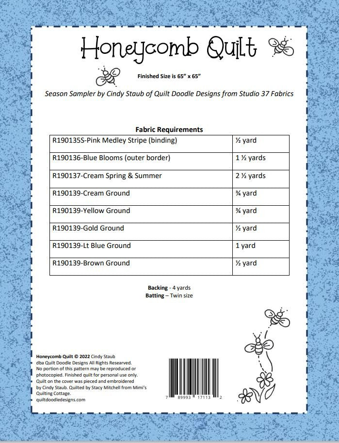 Back of the Honeycomb Packaged Quilt Pattern by Quilt Doodle Designs