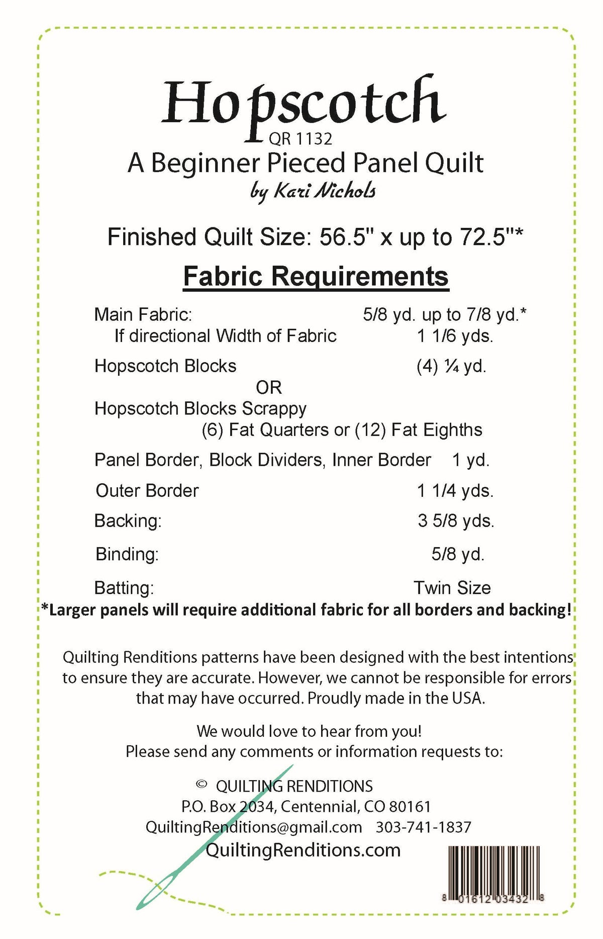 Back of the Hopscotch Downloadable Pattern by Quilting Renditions