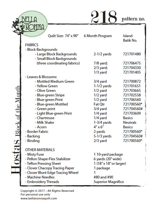 Hosta Block of the Month (BOM) Quilt Pattern