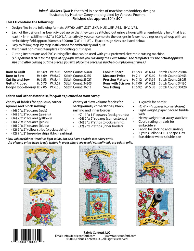 Back of the Inked - Makers Quilt for Machine Embroidery by Fabric Confetti