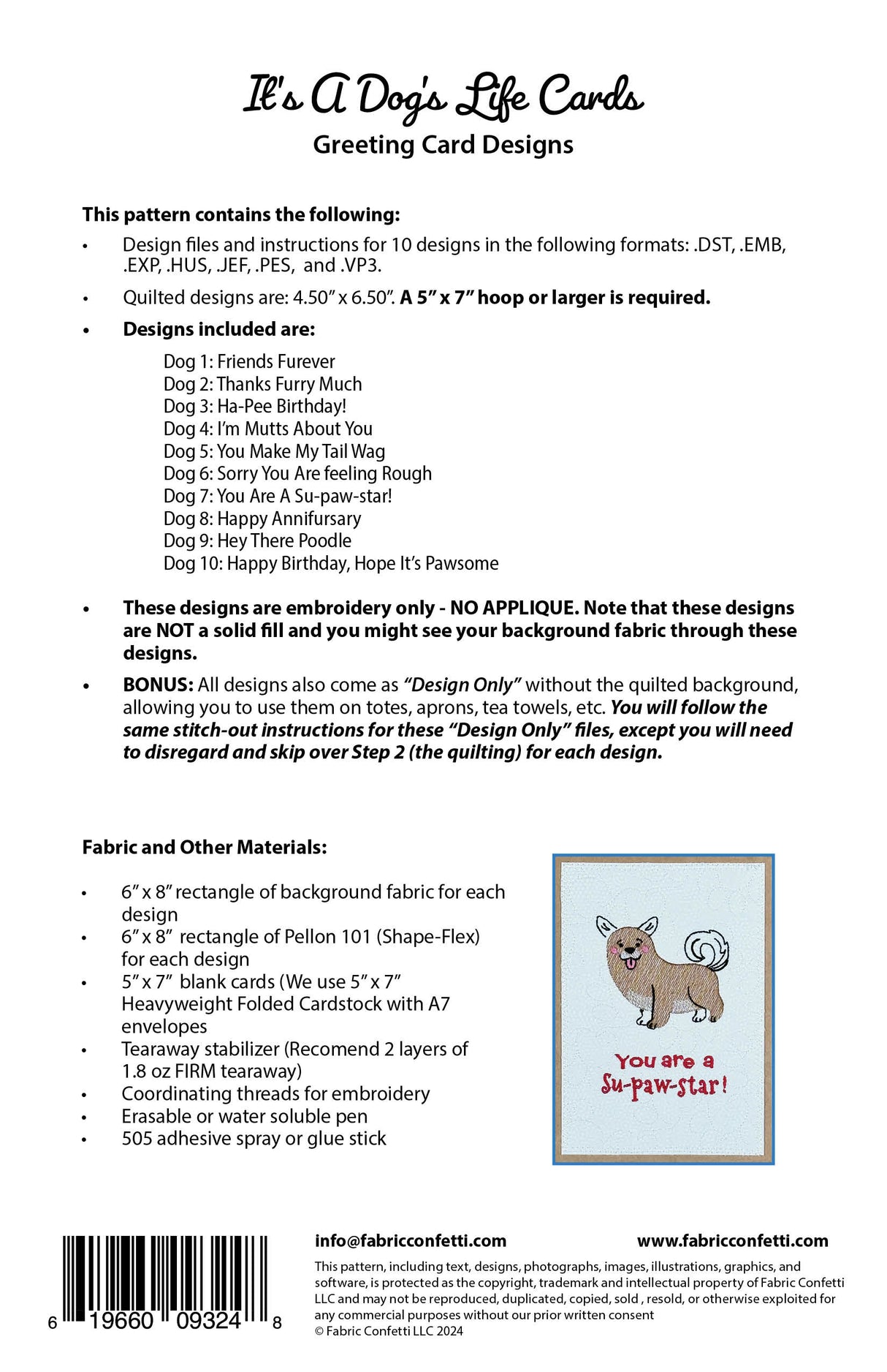 Back of the It's A Dog's Life Greeting Cards Downloadable Pattern by Fabric Confetti