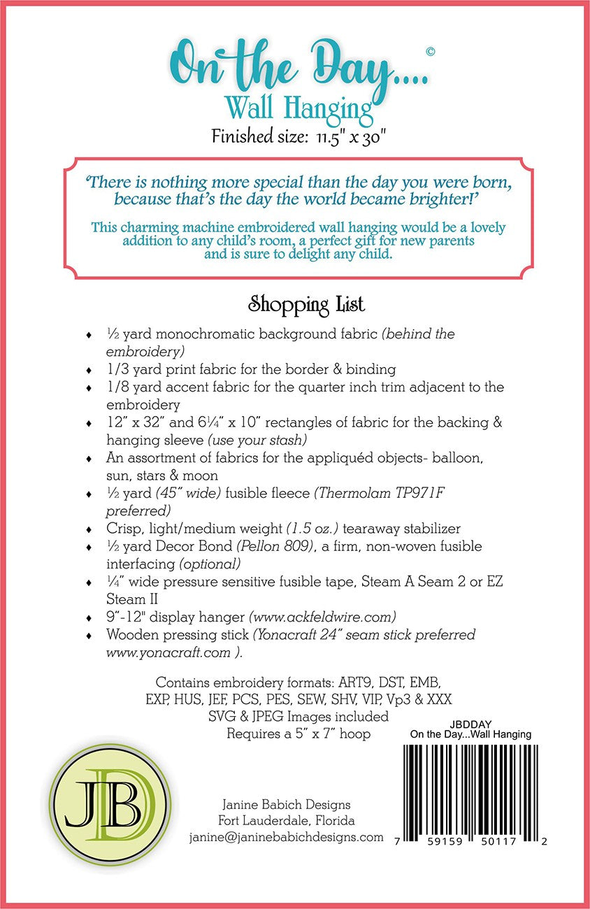 Back of the On The Day Wall Hanging Quilt Pattern by Janine Babich Designs