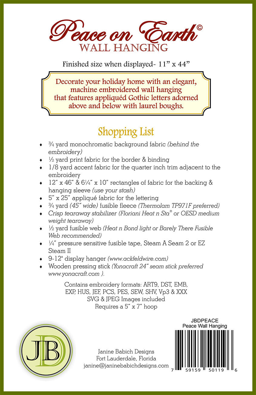 Back of the PEACE Wall Hanging Downloadable Pattern by Janine Babich Designs