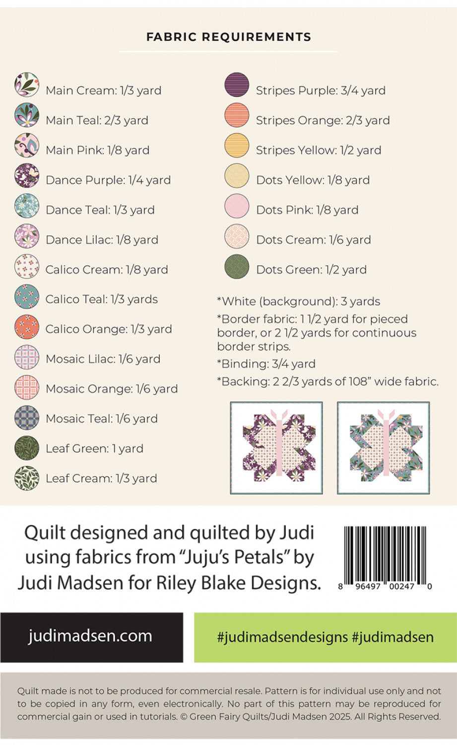 Back of the Butterfly Kisses Quilt Pattern by Judi Madsen