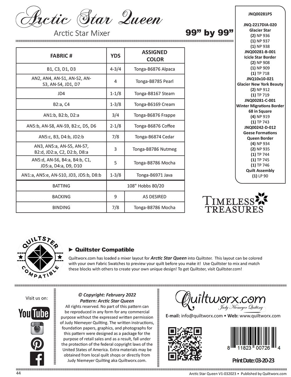 Back of the Arctic Star Queen Quilt Pattern by Quiltworx - Judy Niemeyer