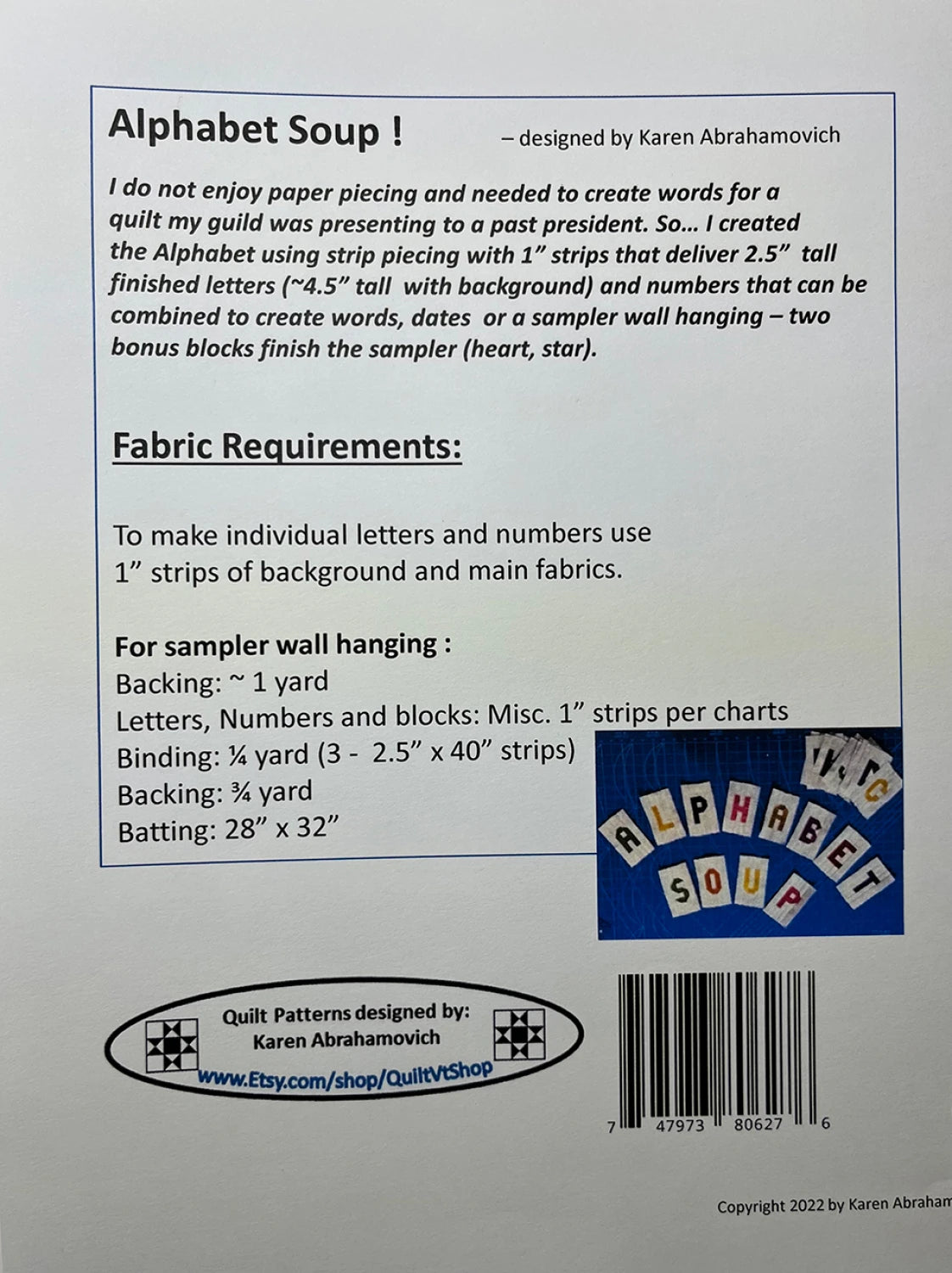 Back of the Alphabet Soup Quilt Pattern Quilt Pattern by Karen Abrahamovich