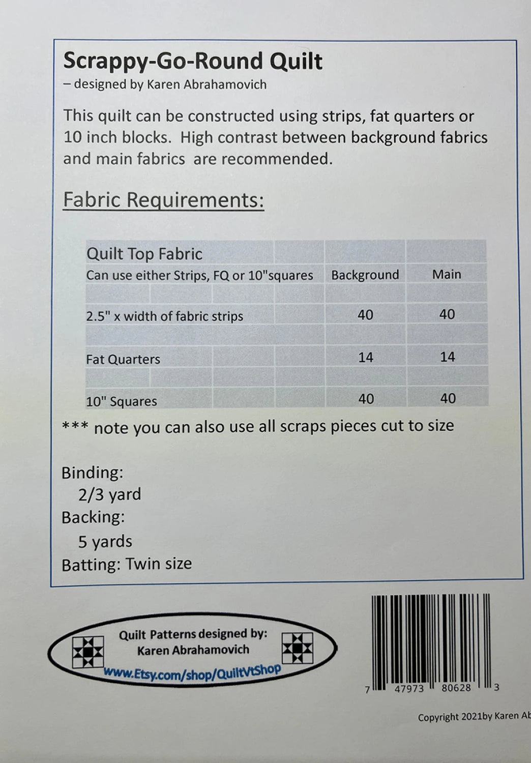 Back of the Scrappy Go Round Quilt Pattern by Karen Abrahamovich