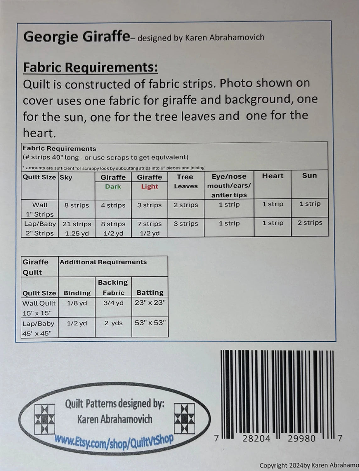 Back of the Georgie Giraffe Quilt Pattern by Karen Abrahamovich