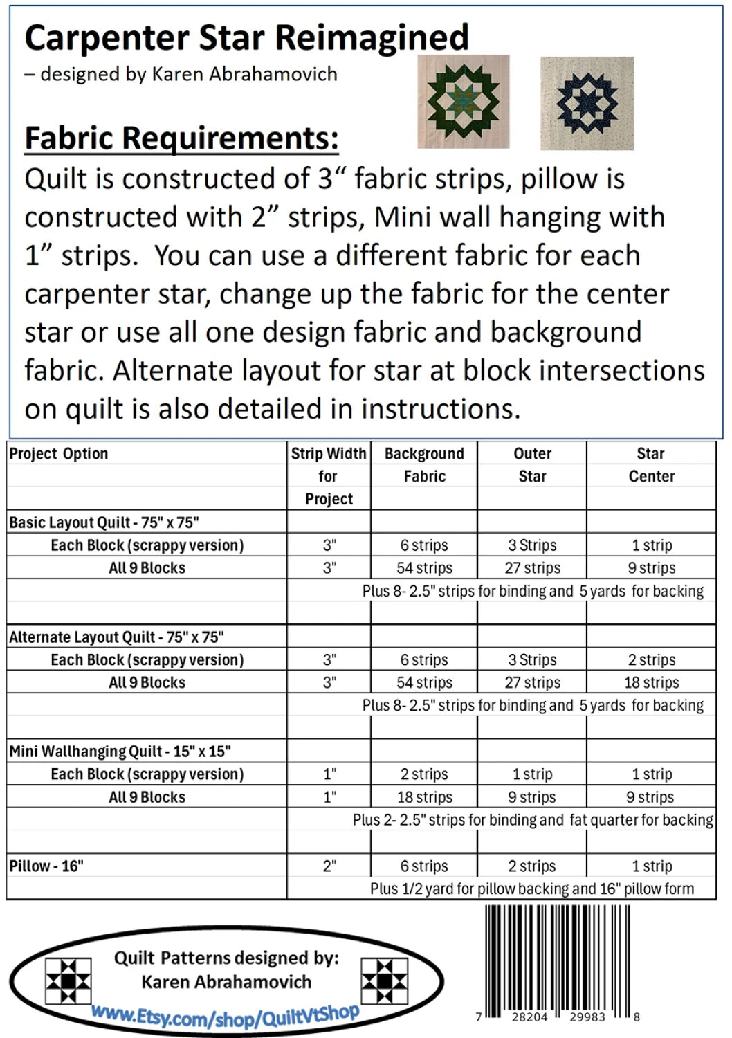 Back of the Carpenter Star Reimagined Quilt Pattern by Karen Abrahamovich