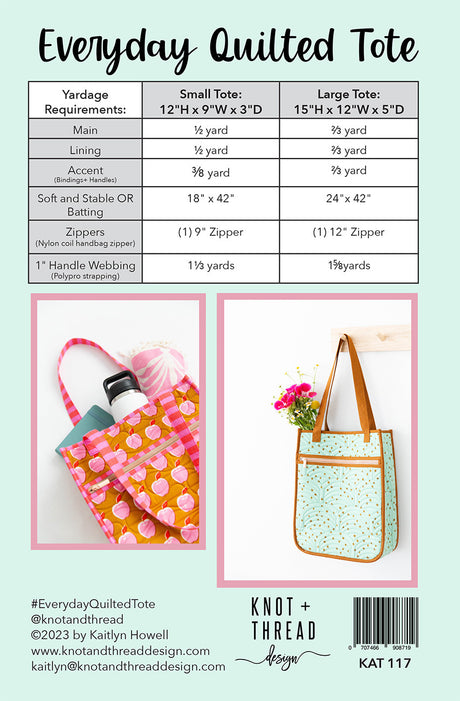 Back of the Everyday Quilted Tote Pattern by Knot and Thread Designs