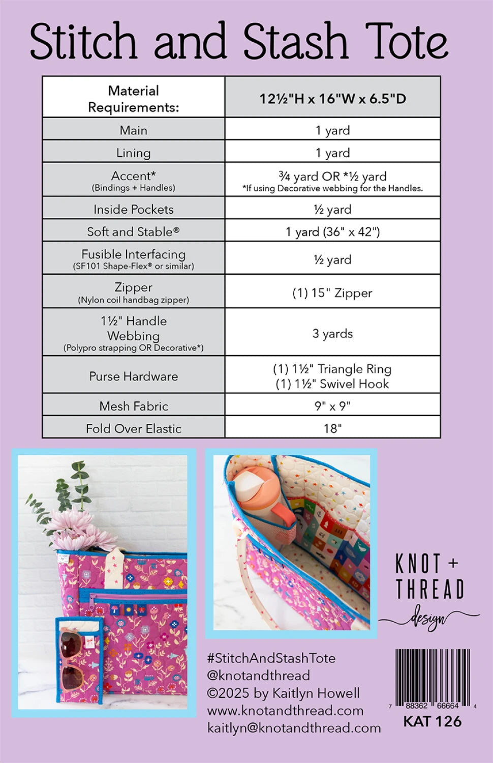 Back of the Stitch and Stash Tote by Knot and Thread Designs