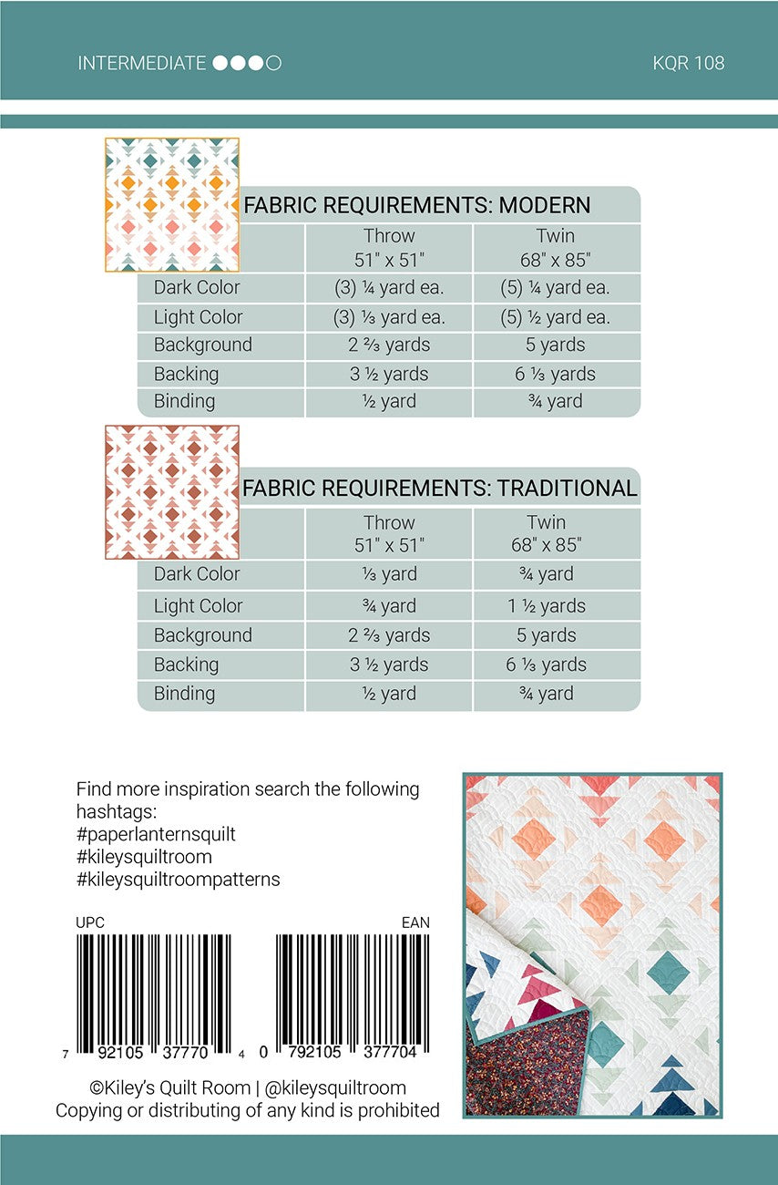 Back of the Paper Lanterns Quilt Pattern by Kiley's Quilt Room