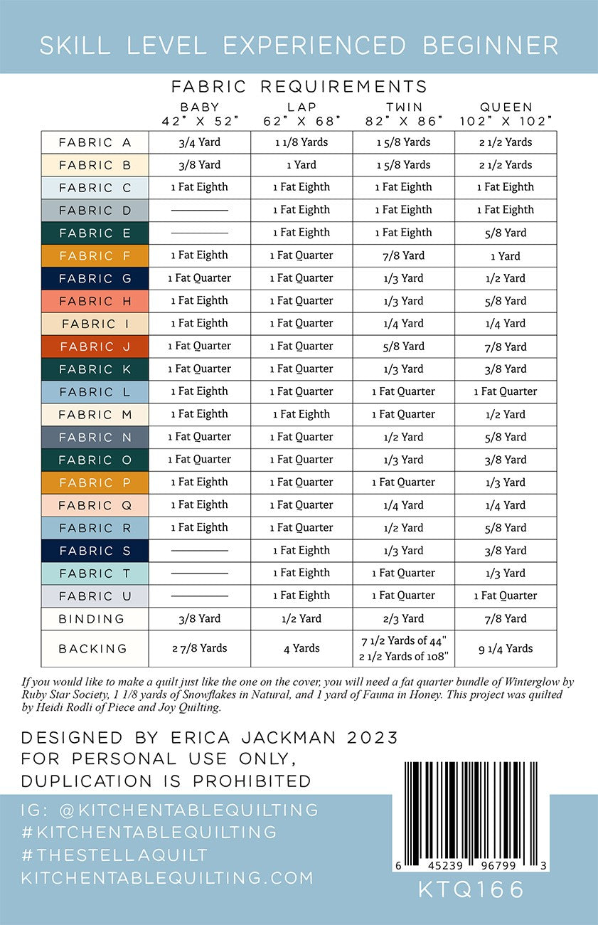 Back of the The Stella Quilt Pattern by Kitchen Table Quilting