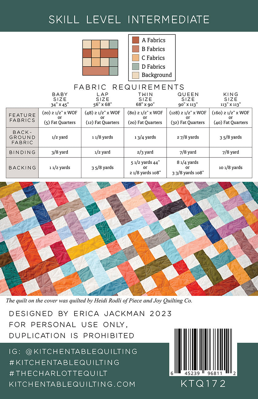 Back of the The Charlotte Quilt Pattern by Kitchen Table Quilting