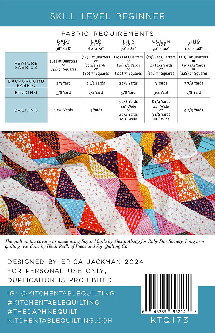 Back of the The Daphne Quilt Pattern by Kitchen Table Quilting