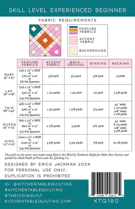 Back of the The Lydia Quilt Pattern by Kitchen Table Quilting