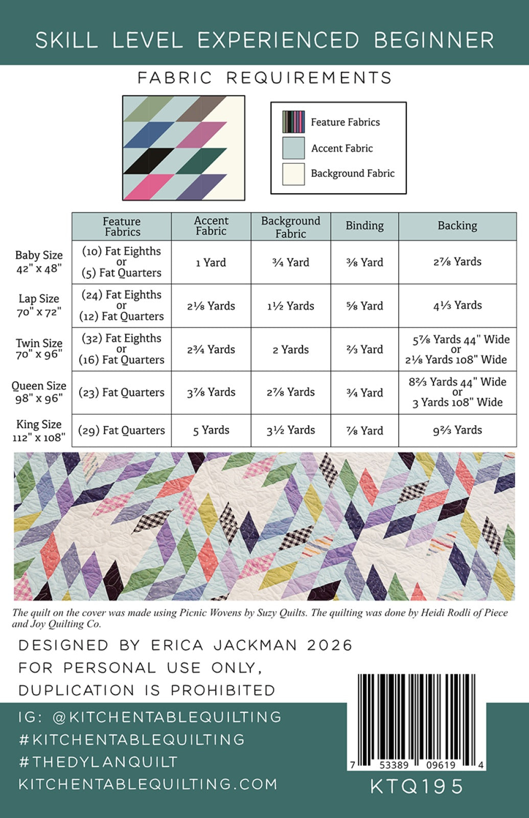 Back of the The Dylan Quilt Quilt Pattern by Kitchen Table Quilting
