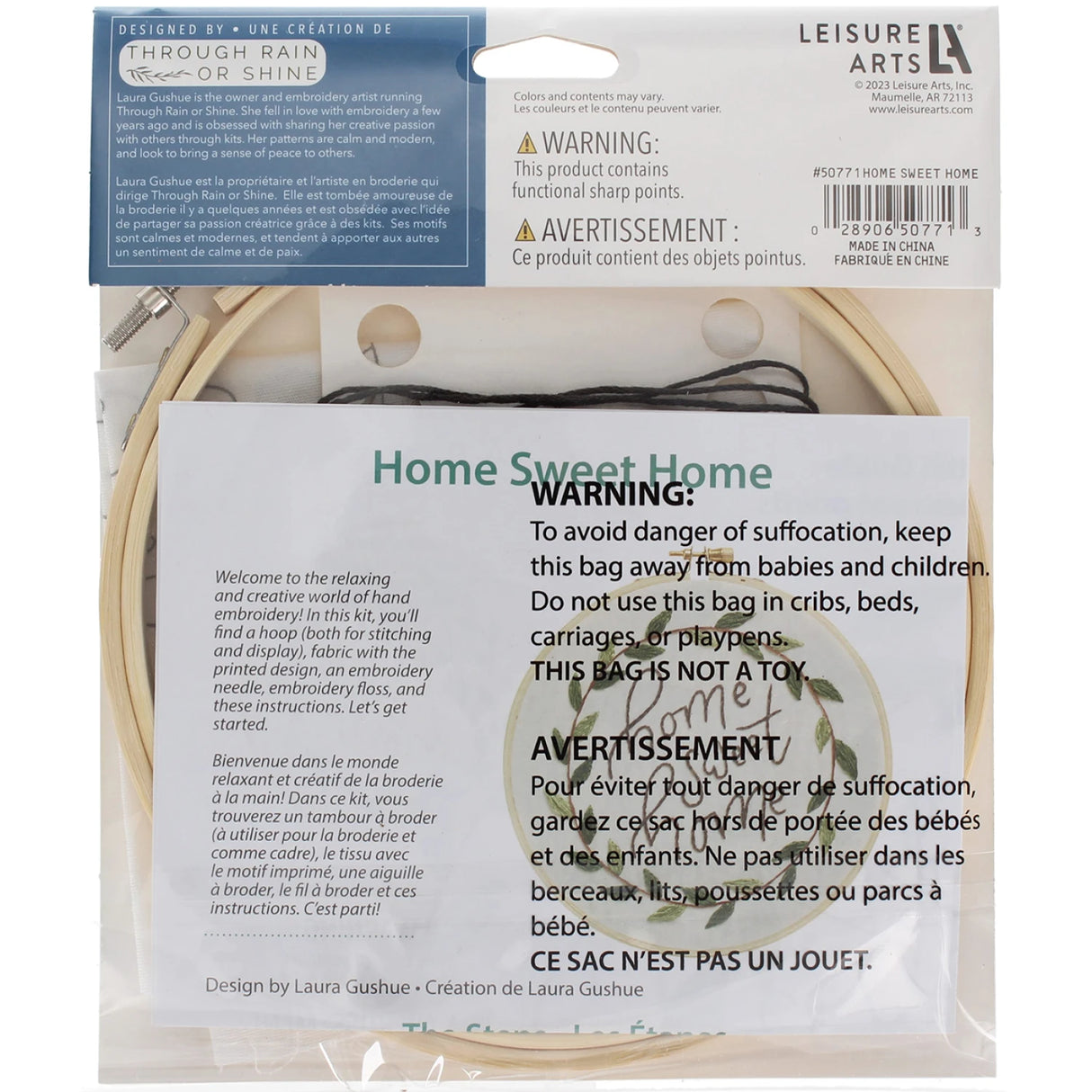 Back of the Leisure Arts Kit Embroidery 6" Home Sweet Home by Leisure Arts