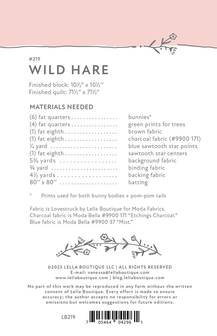 Back of the Wild Hare Quilt Pattern by Lella Boutique
