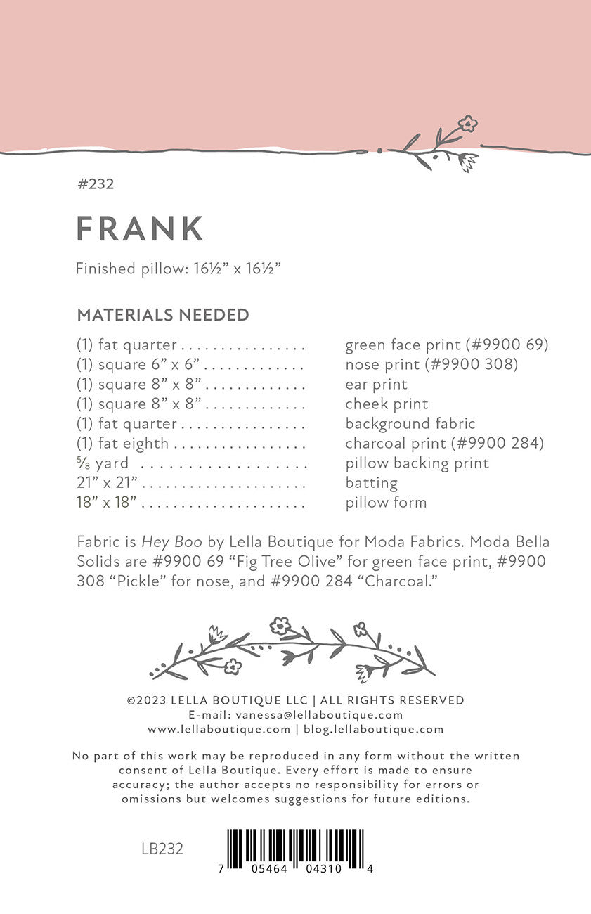 Back of the Frank Pillow Pattern by Lella Boutique