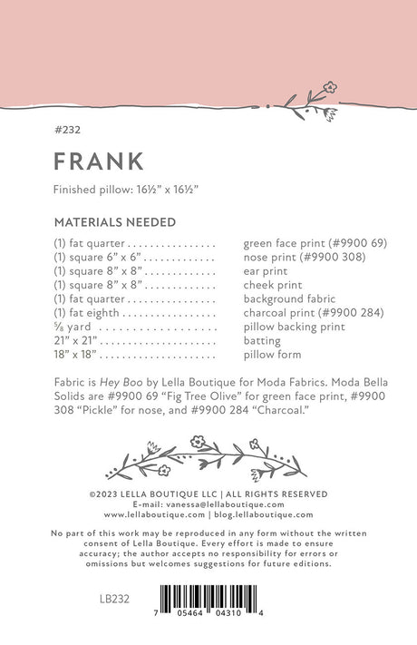 Back of the Frank Pillow Pattern by Lella Boutique