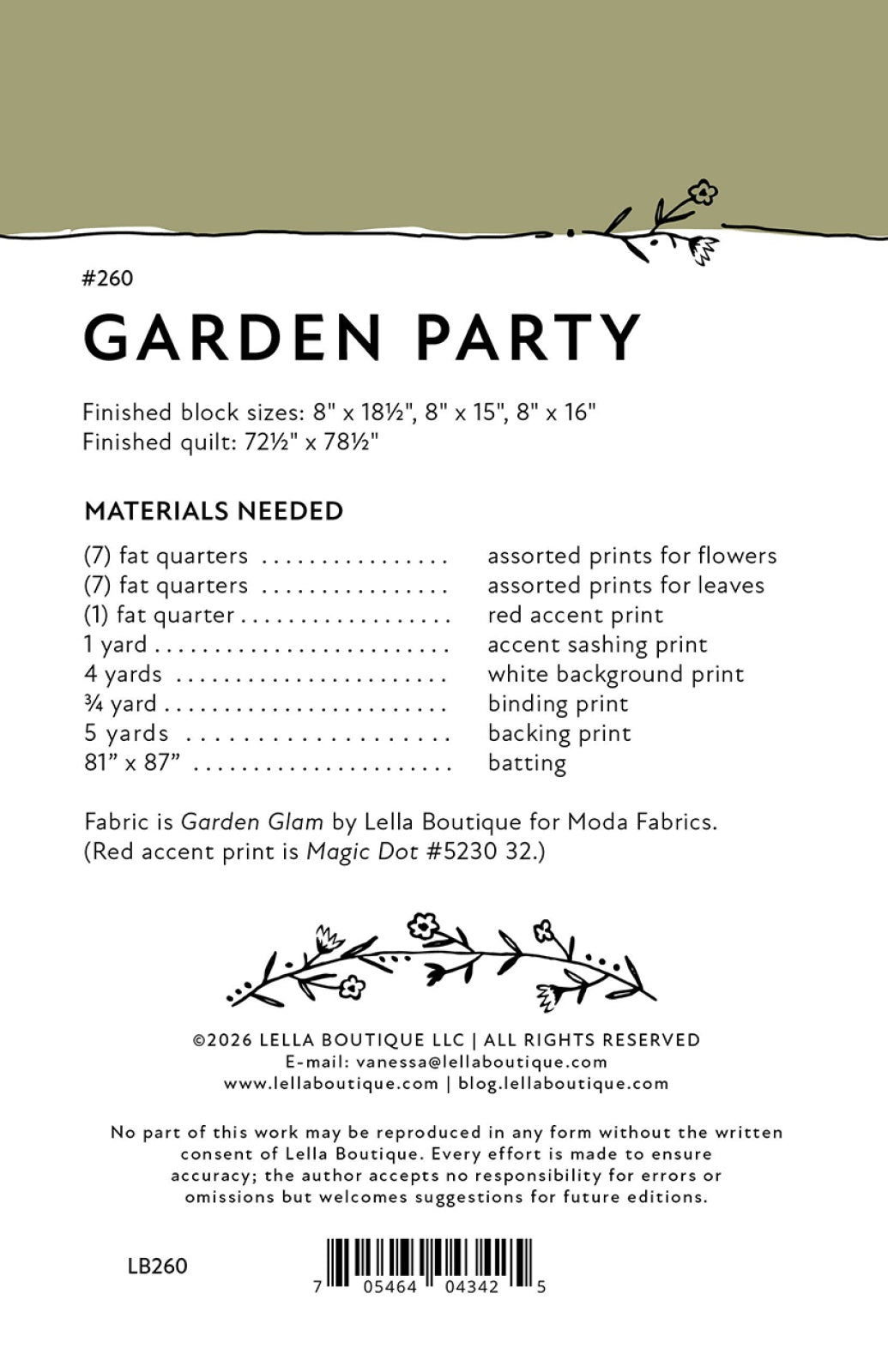 Back of the Garden Party Quilt Pattern by Lella Boutique