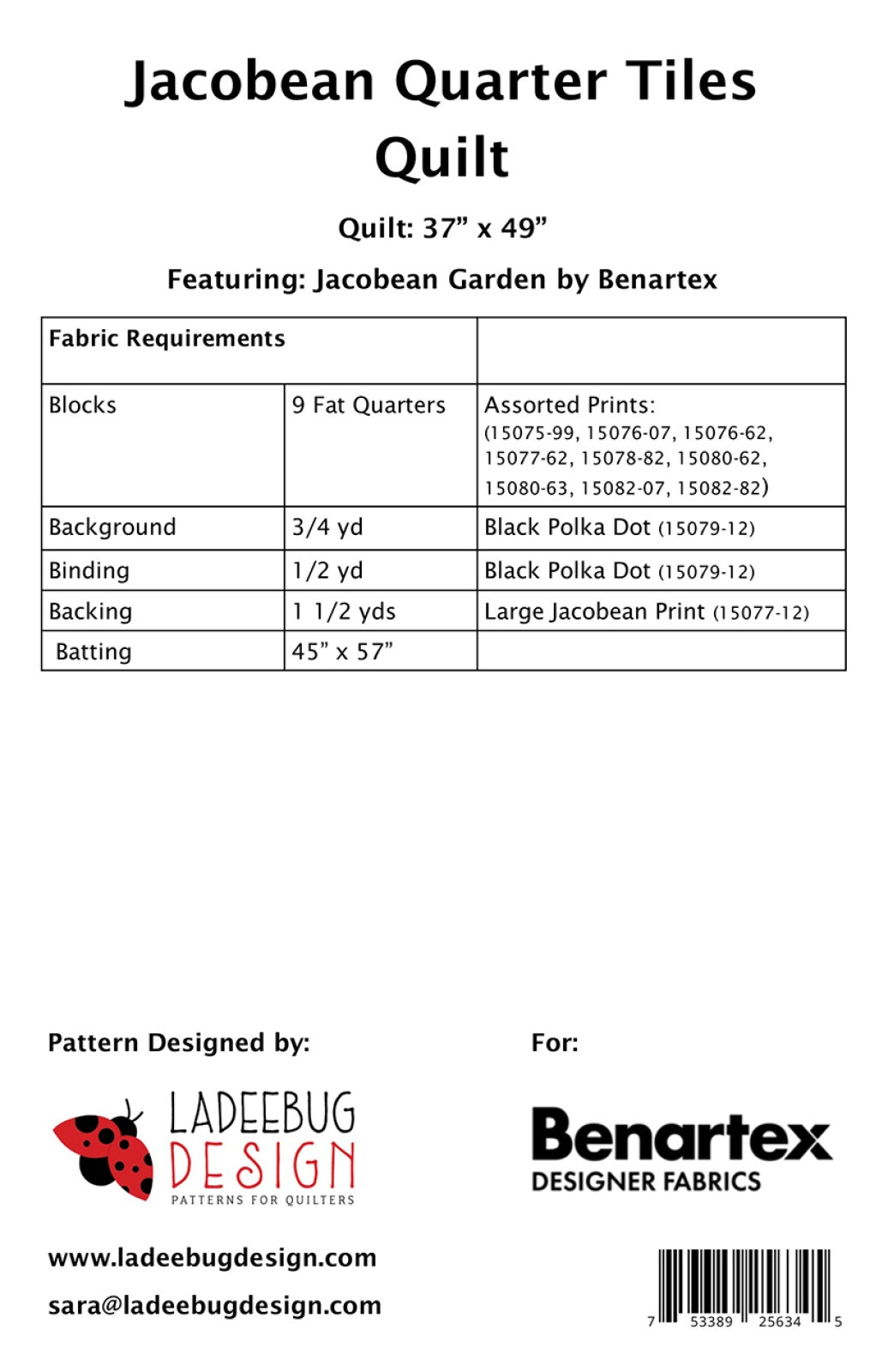 Back of the Jacobean Quarter Tiles Quilt Pattern by Ladeebug Designs