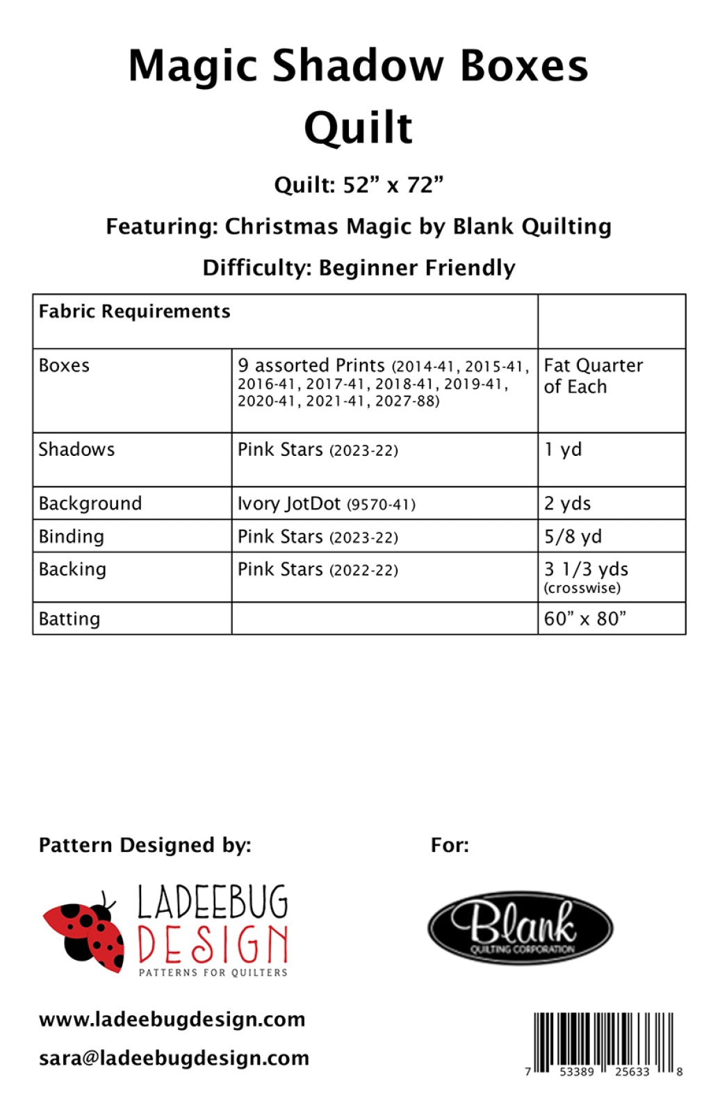 Back of the Magic Shadow Boxes Quilt Pattern by Ladeebug Designs