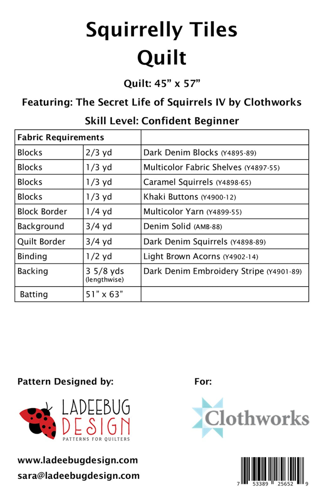 Back of the Squirrelly Tiles Quilt Pattern by Ladeebug Designs