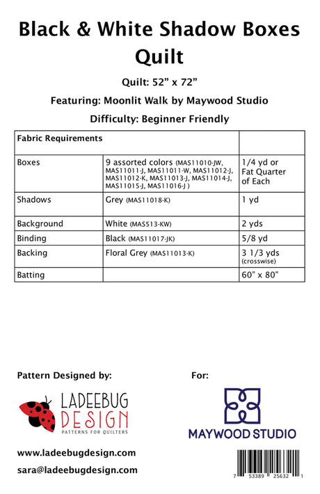 Back of the Black and White Shadow Boxes Quilt Pattern by Ladeebug Designs