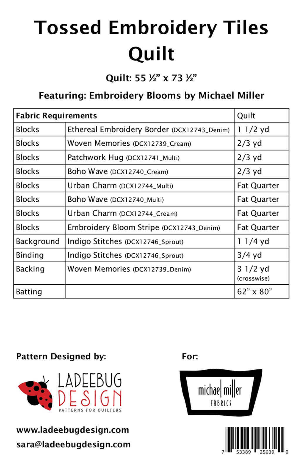 Back of the Tossed Embroidery Tiles Quilt Pattern by Ladeebug Designs