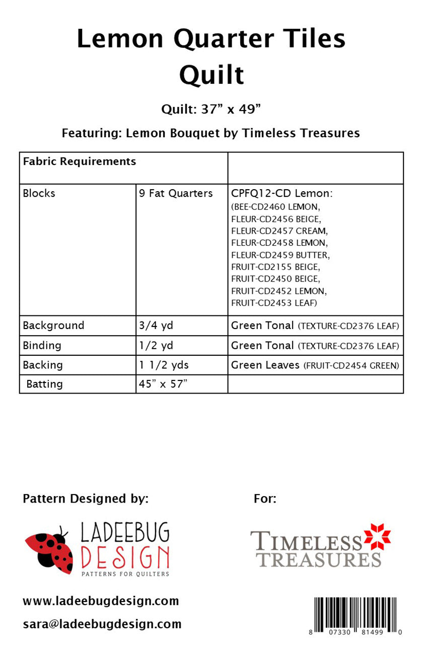 Back of the Lemon Quarter Tiles Quilt Pattern by Ladeebug Designs